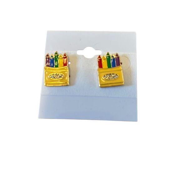 Colorful Gold Tone Crayon Box Post Earrings. - Picture 5 of 6